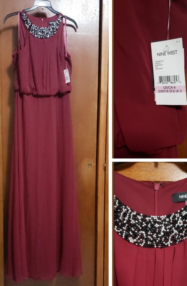 Nine West Chiffon Bead Embellished Pleated Blouson Bodice Maxi
